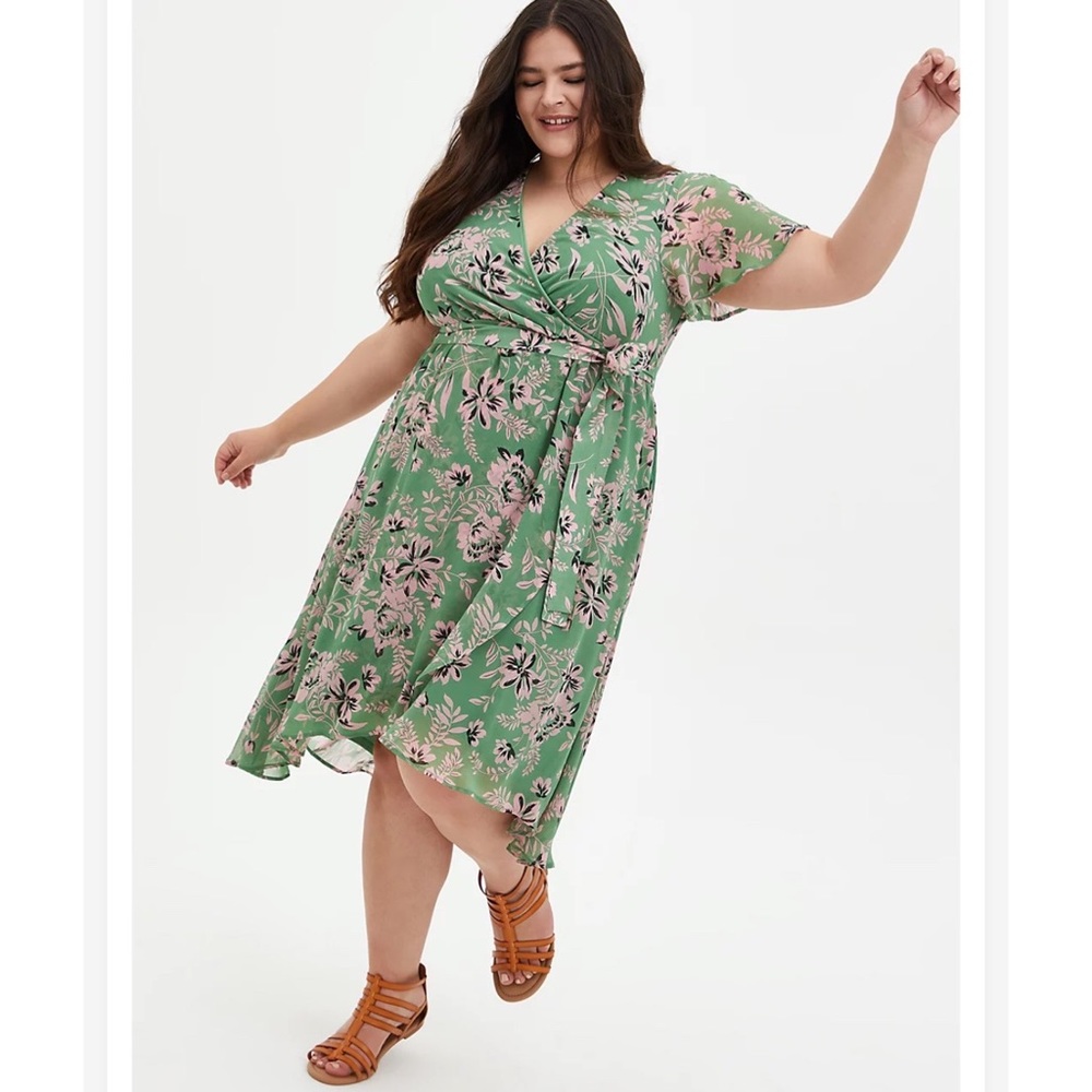 Torrid Chiffon Green Pink Floral Midi Short Sleeve Faux Wrap Dress Plus Size 6X